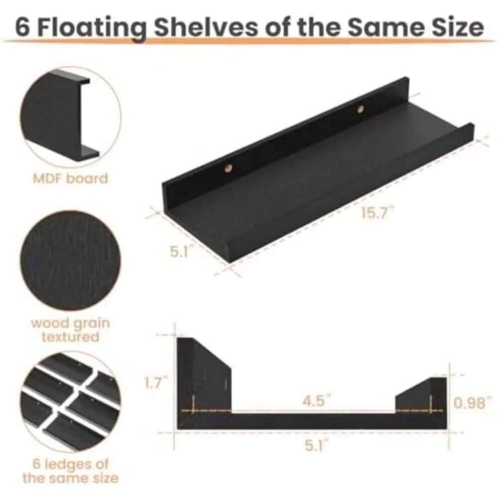 New Floating Wall Shelves, Set of 6 Black Wood Shelves for Home Decor